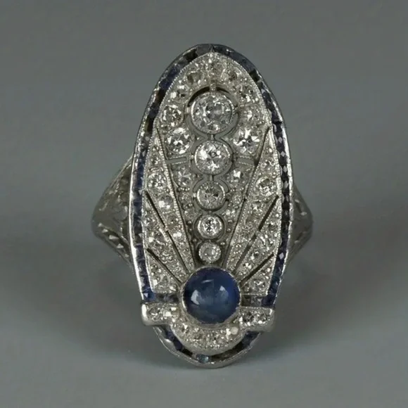 Edwardian Style White and Blue Saphire Ring - Picture 3 of 4